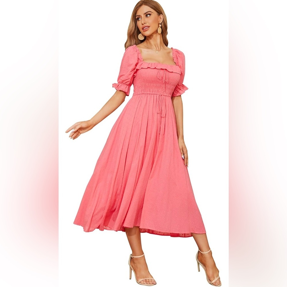 R.YIPOSHA Pink Swiss Dot Smocked Puff Sleeve Midi Dress L 12/14